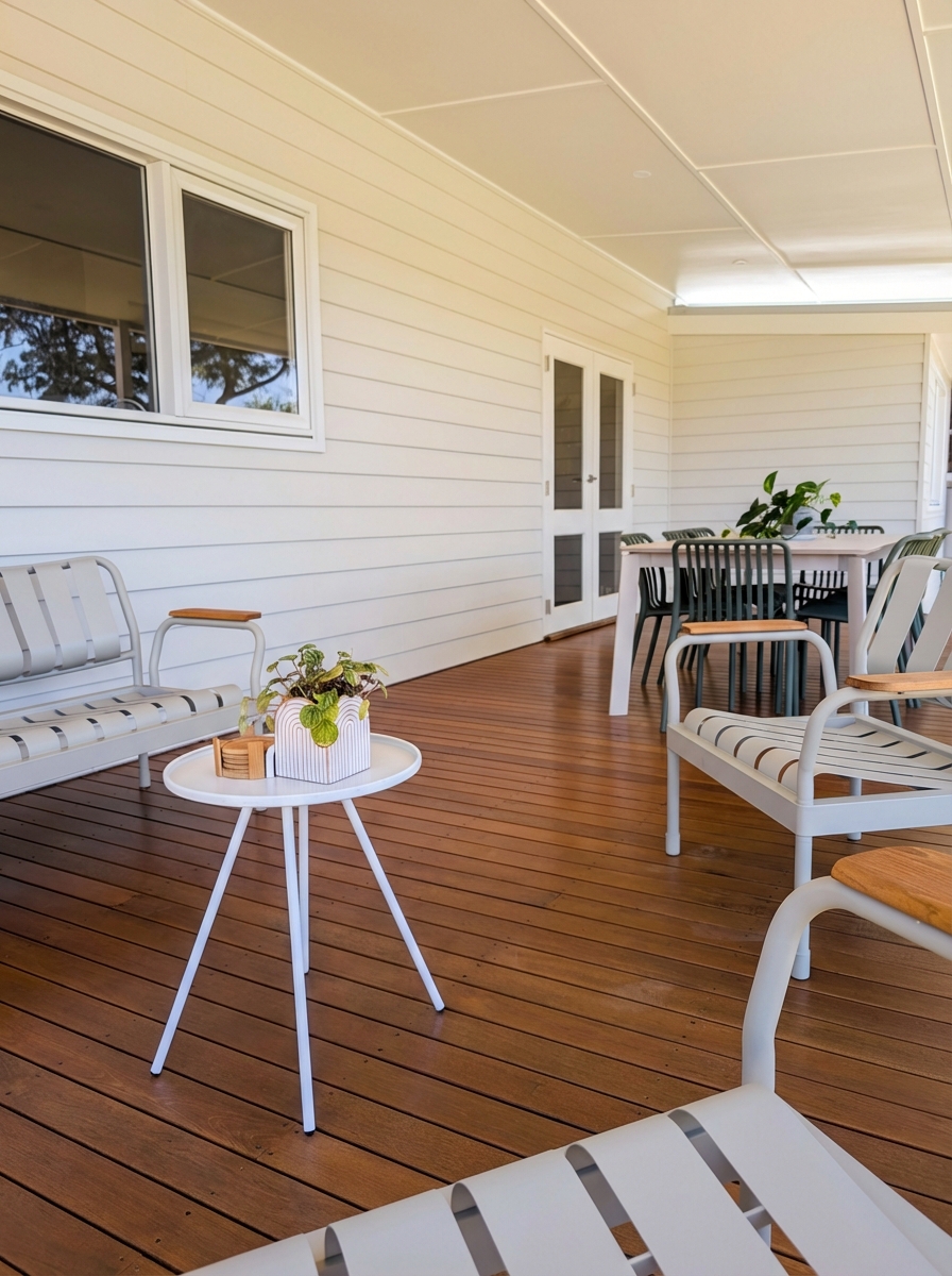 Lounge corner of the new Balhannah deck, against the home's fresh weatherboard cladding completed in the same project