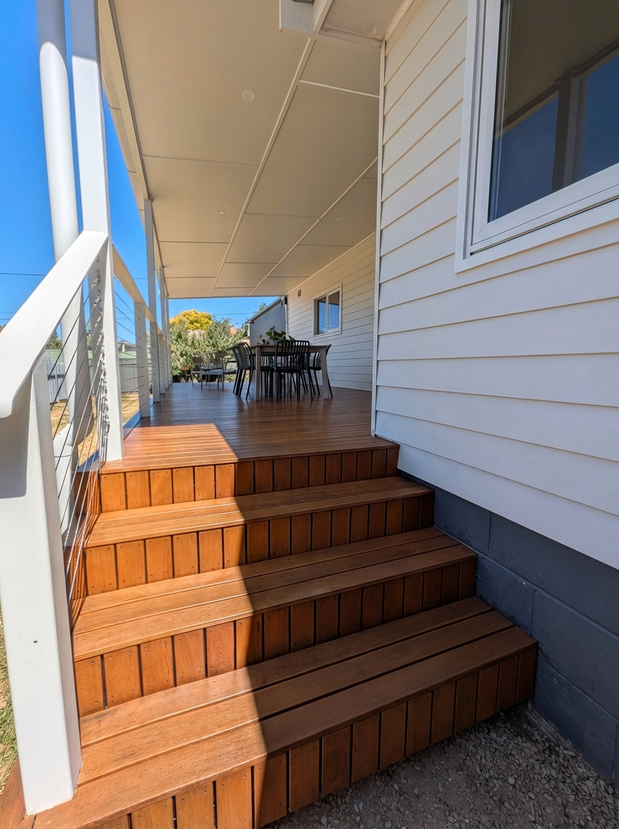 New hardwood steps with cable balustrade leading up to the covered Balhannah deck